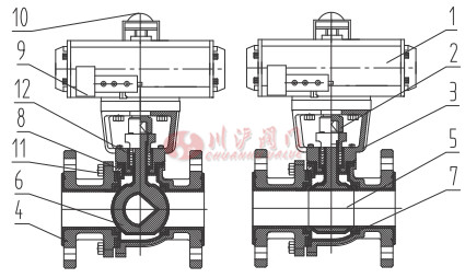 氣動襯氟調(diào)節(jié)球閥結(jié)構(gòu)圖